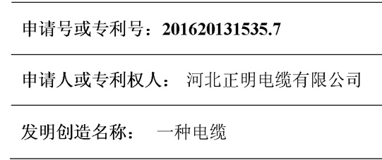 正明电缆有限公司实用新型专利顺利通过国家专利局批准